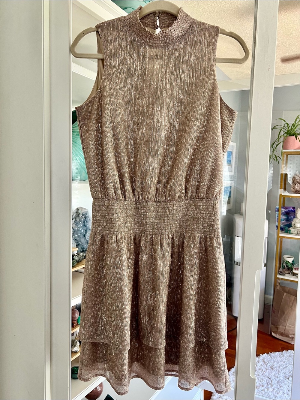 White House Black Market Taupe Metallic Knit Dress